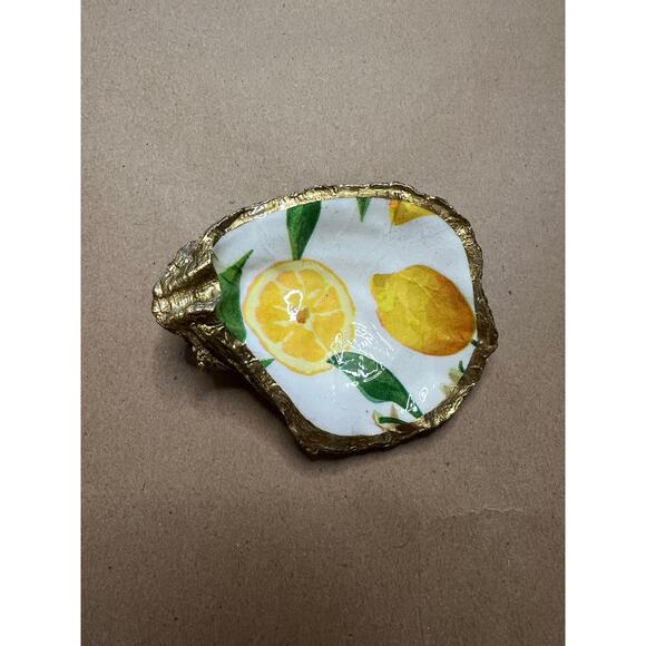 Decoupage Oyster Shell Ring Dish/Trinket Dish, Lemons Design - Picture 2 of 5